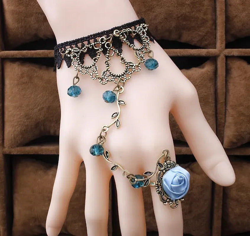Victorian Style Black Lace Floral Rose Flower Link Chain Slave Bracelet Ring Set