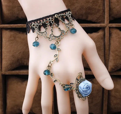 Victorian Style Black Lace Floral Rose Flower Link Chain Slave Bracelet Ring Set
