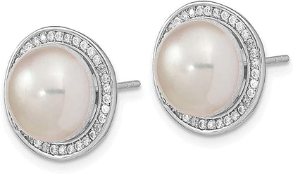 925 Sterling Silver 11Mm Button Freshwater Cultured Pearl Cubic Zirconia Cz Post