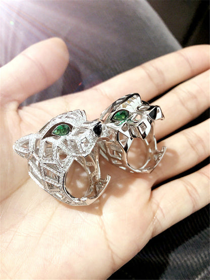Silver Ring with Diamond-Free Gold and Green Eyes and Emeralds