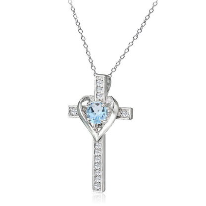 Sterling Silver Blue Topaz and White Topaz Heart Cross Birthstone Pendant Neckla