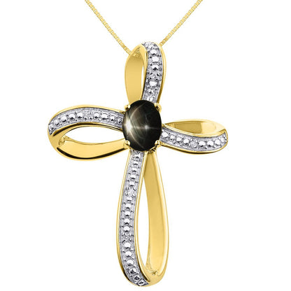 Diamond & Black Star Sapphire Cross Pendant Necklace Set in Yellow Gold Plated S