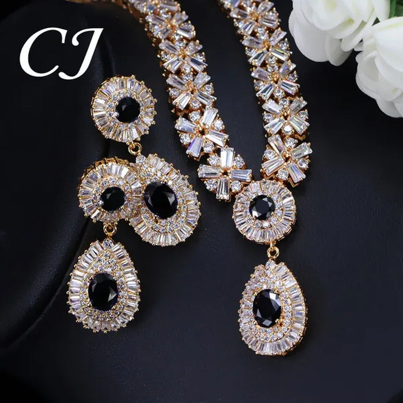 CANDICE African 18K Gold Plating Hand-Inlay CZ Diamond Pendant Necklace and Earr