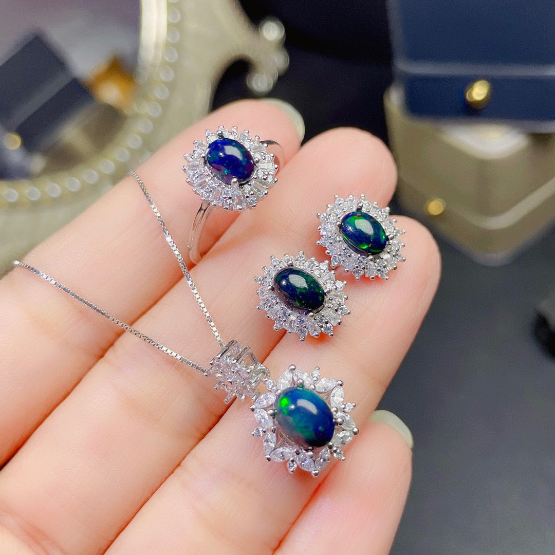 Colorful Black Opal Set Ring Pendant Earrings Gemstone Silver Inlaid Light Luxur