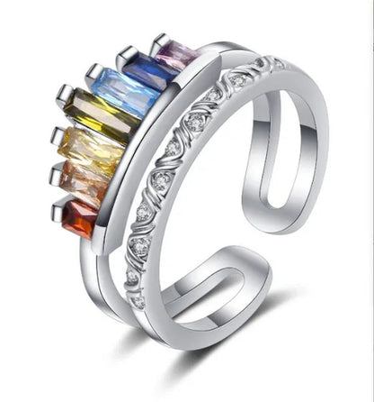 New Micro-Inlaid Zircon Rainbow Crown Ring Female Fashion Opening Adjustable Ind