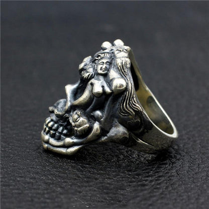 Beauty and Skull Ring 925 Sterling Silver Handmade Rock Hip Hop Punk Index Finge