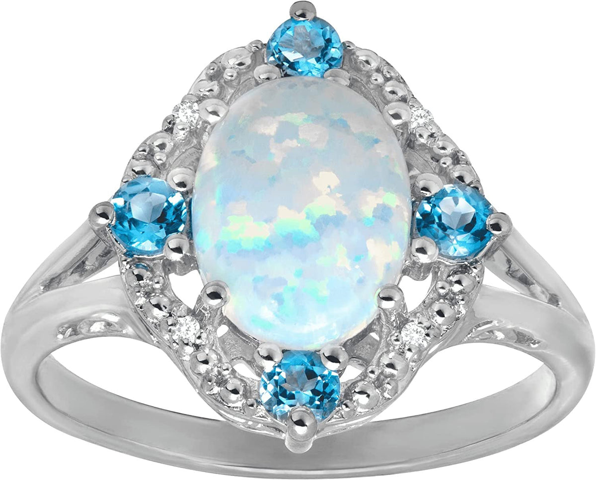 1 1/6 Ct Created Opal & Natural Swiss Blue Topaz Ring with Diamonds in Sterling