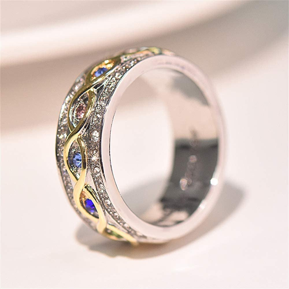 Fashion 18K Gold Ruby Sapphire Ring 925 Sterling Silver Shiny Full Diamond Ring