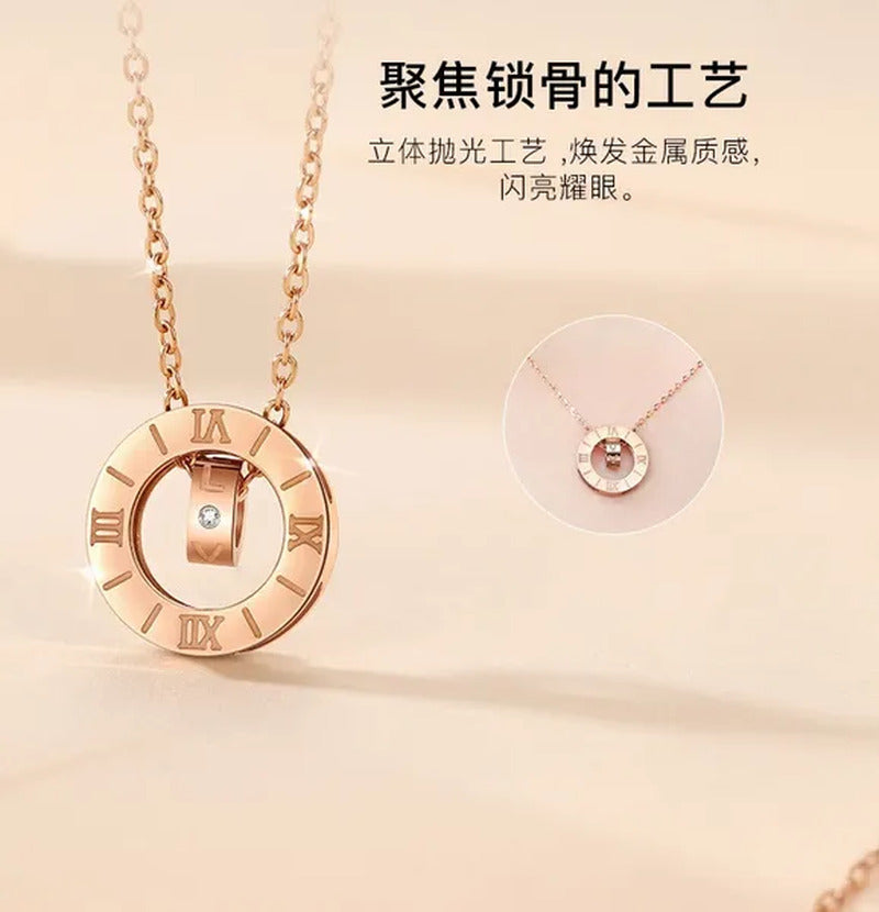 Diamond Necklace Titanium Steel Rose Gold Double Ring Romanesque Rose Gold Neckl