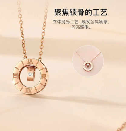 Diamond Necklace Titanium Steel Rose Gold Double Ring Romanesque Rose Gold Neckl