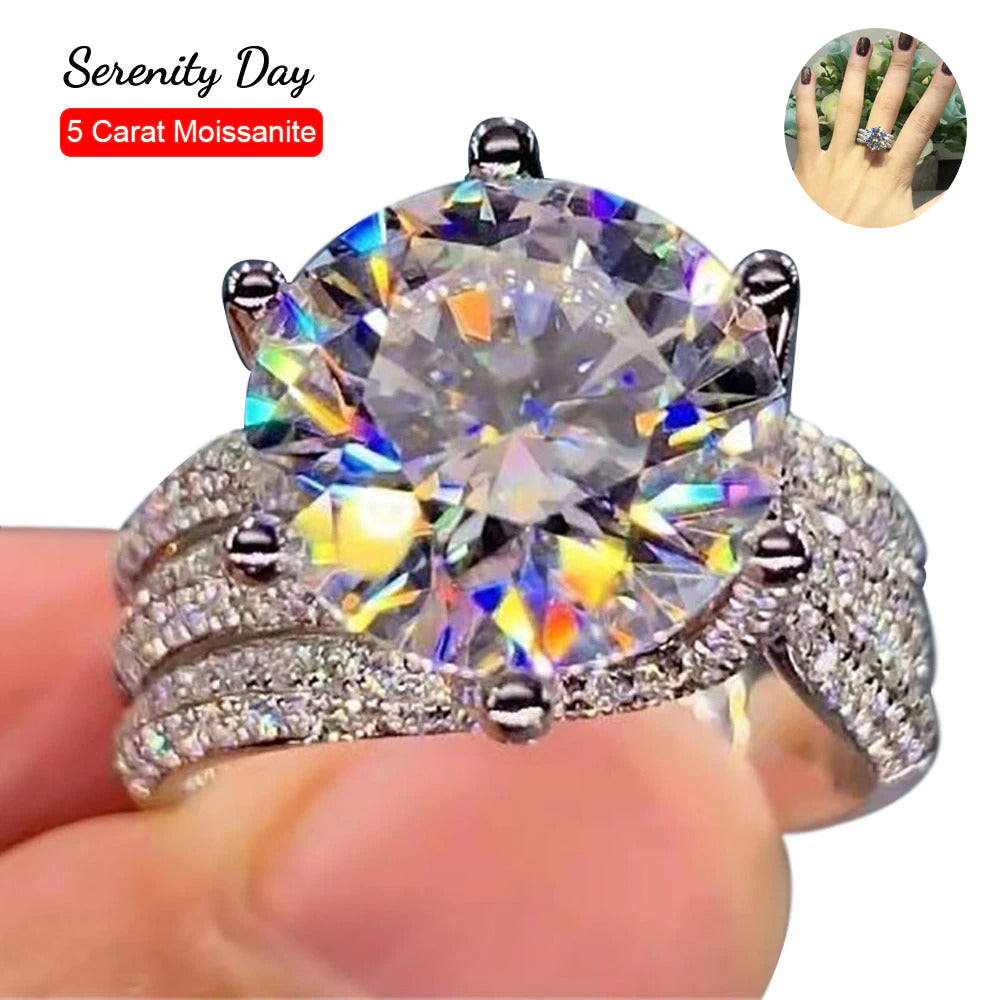 Six Claw D Color 5 Carat Big Moissanite Wedding Ring S925 Silver Plated Pt950