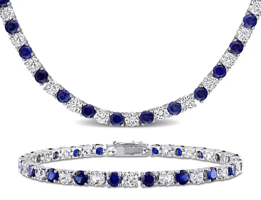 47 Carat (Ctw) Lab-Created Blue and White Sapphire Bracelet Necklace Set in Ster