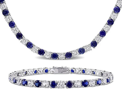 47 Carat (Ctw) Lab-Created Blue and White Sapphire Bracelet Necklace Set in Ster
