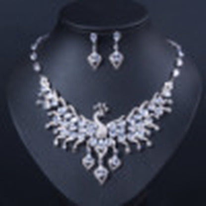 Ethnic Style Zircon Peacock Earring Set Tassel Colorful Clavicle Necklace Jewelr