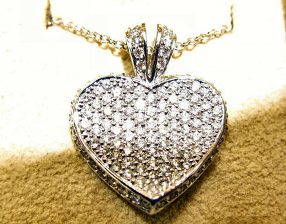 1.70 CT DIAMOND HEART PAVE SET ROUND BRILLIANT SHAPE DIAMOND INCLUDED CHAIN 18 K