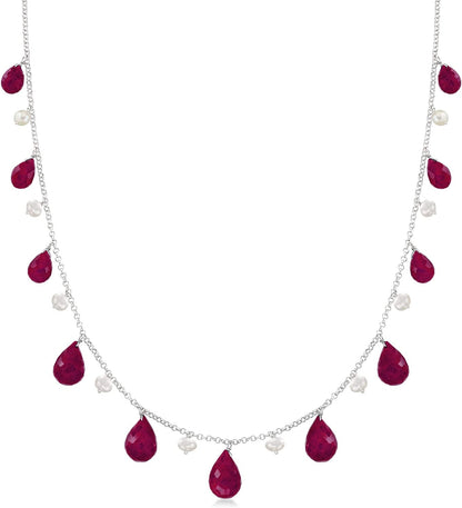 Gemstone and 4-5Mm Cultured Pearl Drop Necklace in Sterling Silver
