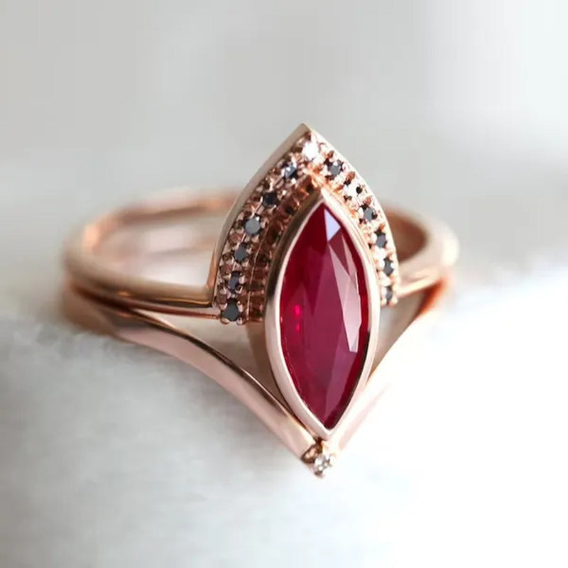 Unique Natural Rhombus 2 in 1 Ruby Engagement Rose Gold Ring Marquise Bridal Wed