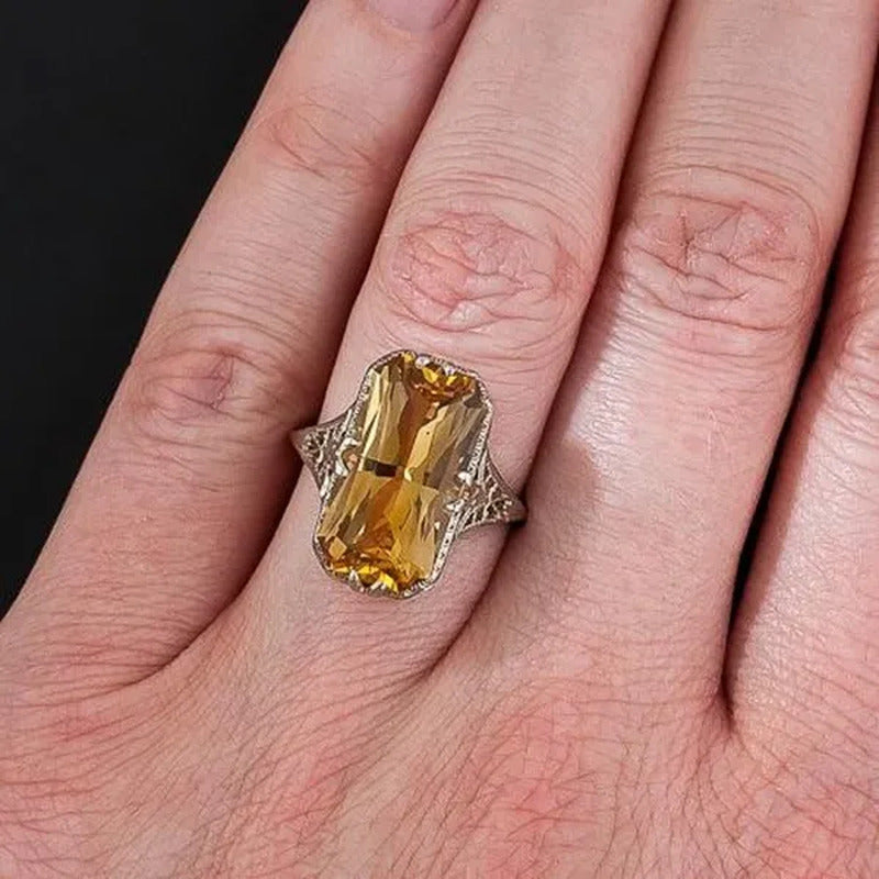 Vintage 925 Silver Ring Baguette Emerald Cut Lemon Yellow Citrine Retro Hollow C