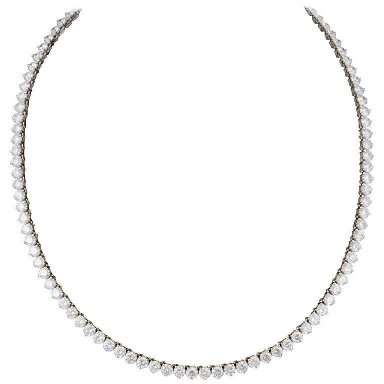 DIAMOND TENNIS NECKLACE 3 PRONG SET ROUND BRILLIANT TENNIS 24.88 CT 18 K GOLD