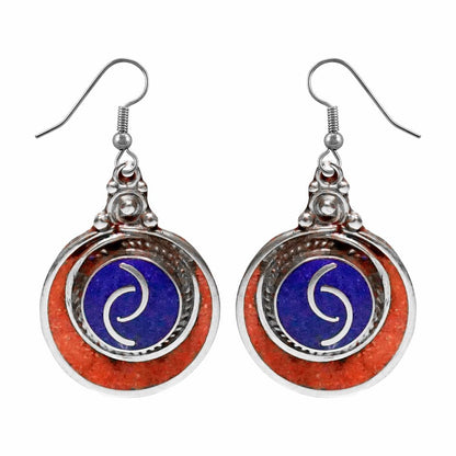 Silver Plated Handmade Dangle Earrings for Women, Coral Lapis Lazuli Gemstone Ea