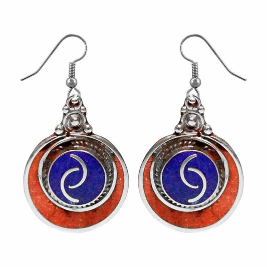 Silver Plated Handmade Dangle Earrings for Women, Coral Lapis Lazuli Gemstone Ea