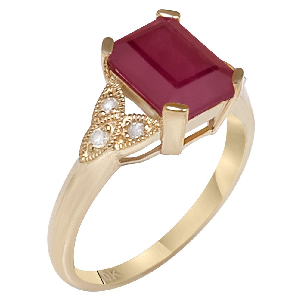 10K Yellow Gold Vintage Style Genuine Emerald-Cut Ruby and Diamond Ring