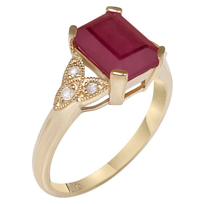 10K Yellow Gold Vintage Style Genuine Emerald-Cut Ruby and Diamond Ring