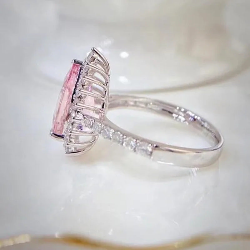 Luxurious High-Quality Flower Shaped Silver Inlaid Dazzling Pink Zircon Women'S