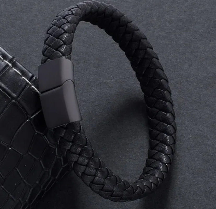 Fashion Male Jewelry Braided Leather Bracelet Handmade Bracelet Black Stainless