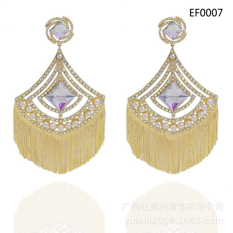 24K Gold-Plated Luxury Diamond Pearl Tassel Long Earrings Fashion Personality Ex