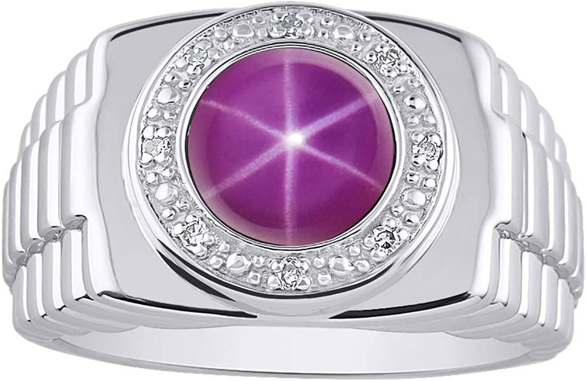 Mens Rings 14K White Gold Ring round Shape Cabochon Gemstone & Genuine Diamonds