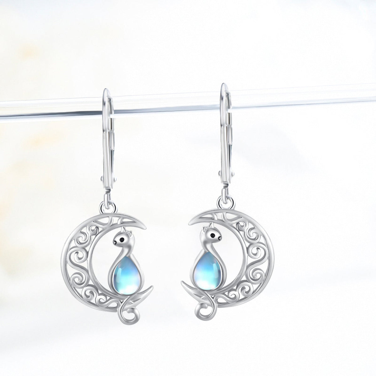 Moon Cat Earrings for Women Hypoallergenic 925 Sterling Silver Crescent Cat Drop