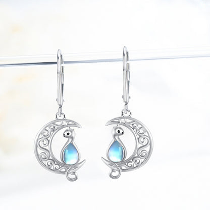 Moon Cat Earrings for Women Hypoallergenic 925 Sterling Silver Crescent Cat Drop