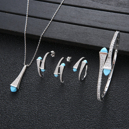 Vintage Turquoise Full Zirconium Necklace Earrings Ring Bracelet 4 Piece Set Wom