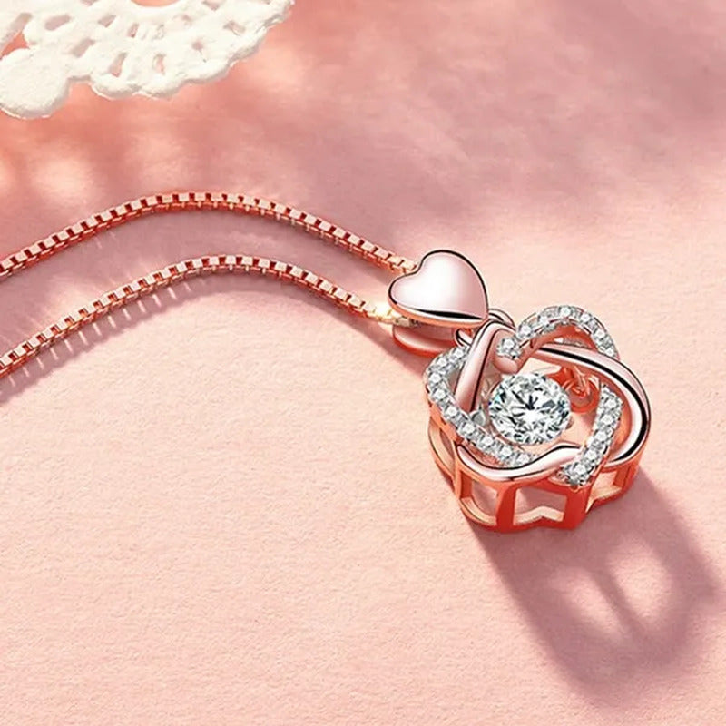 Fashion Romantic Double Heart Diamond Heartbeat Necklace Sapphire Flower Pendant