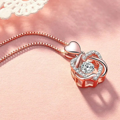 Fashion Romantic Double Heart Diamond Heartbeat Necklace Sapphire Flower Pendant