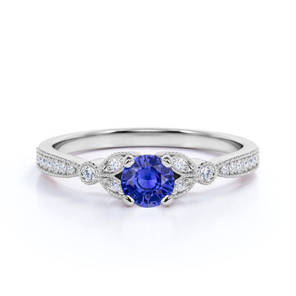 1.25 Ct - round Natural Blue Sapphire Ring - September Birthstone - Vintage Enga