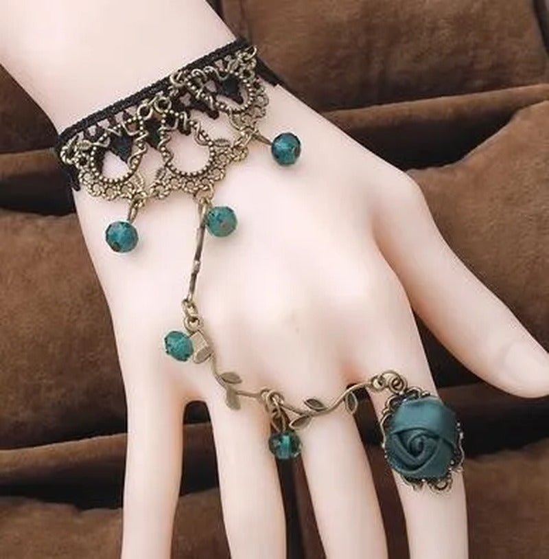 Victorian Style Black Lace Floral Rose Flower Link Chain Slave Bracelet Ring Set