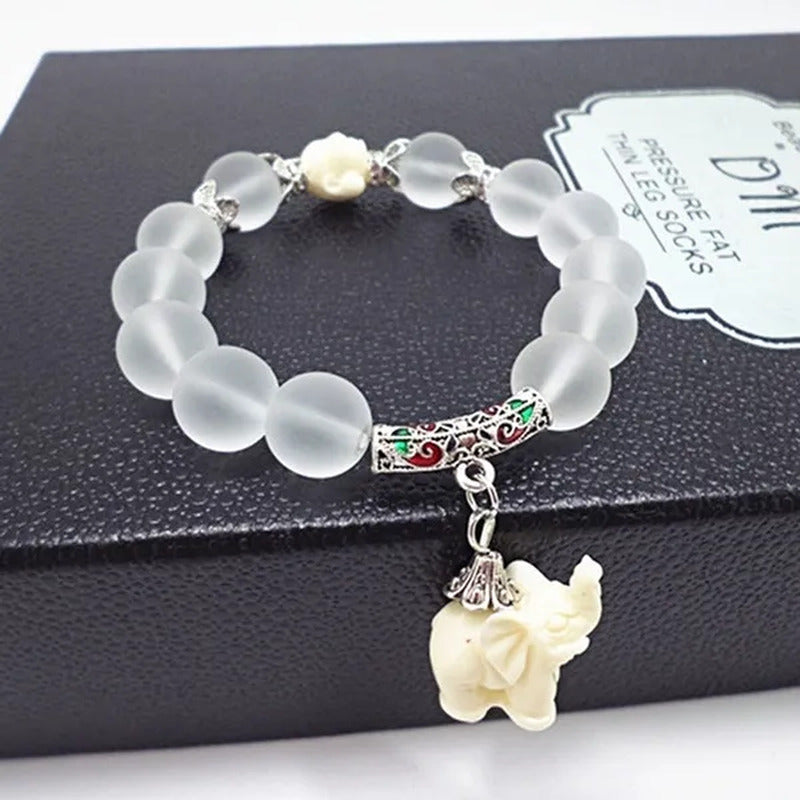 Elephant Frosted White Quartz Crystal Bead Bracelet Buddhism Elephant Pendant