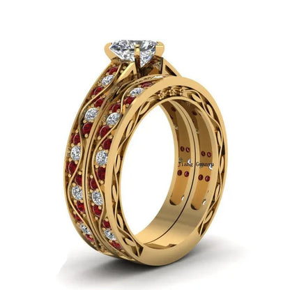 Sz 6-9 Cocktail Ring Champagne Gold Heart Zircon Ruby Women'S Wedding Ring Engag