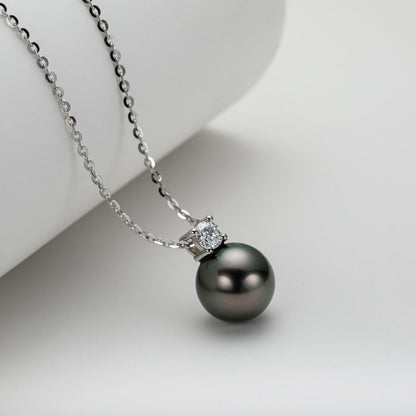 Anujewel 9-10Mm Natural Tahitian Black Pearl 0.3Ct Moissanite Diamond Necklace