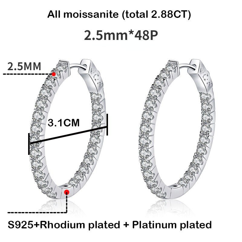 2.88CT White Gold Moissanite Hoop Earring for Women Sparkling Full Enternity