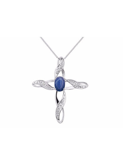 Diamond & Blue Star Sapphire Cross Pendant Necklace Set in Set in 14K White Gold