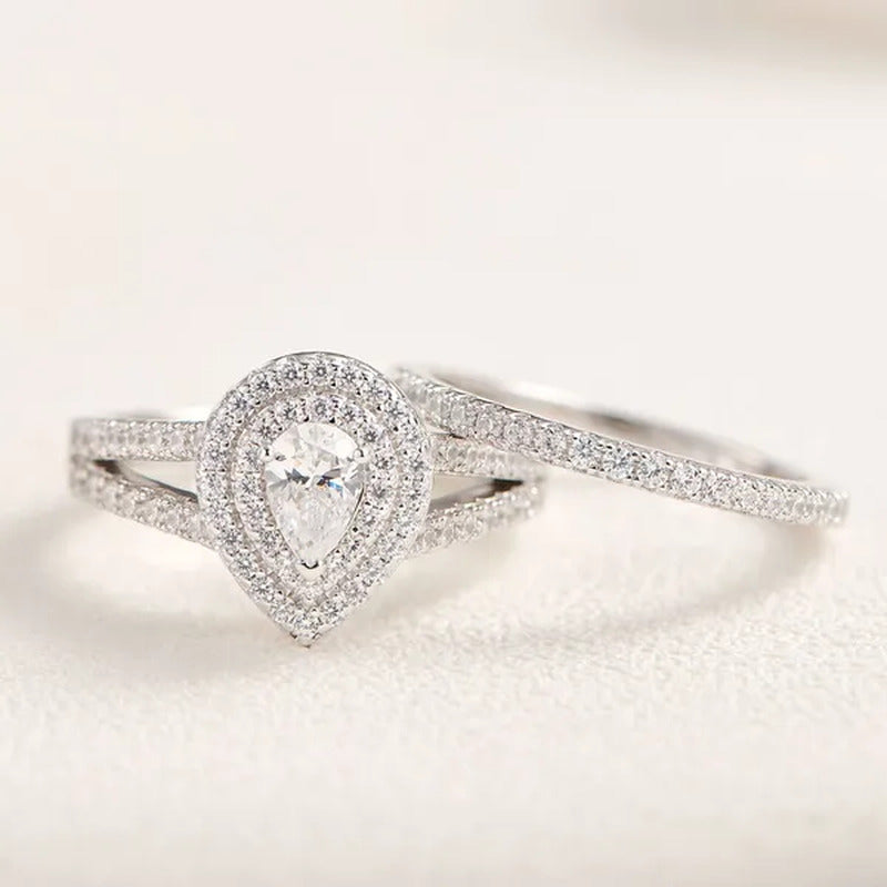 Newshe 2Pcs Wedding Ring Set Classic Jewelry Pear Shape 1.2 Carats AAAAA CZ 925