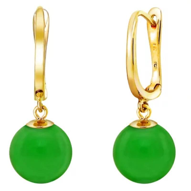 8 Mm round Green Jade Dangle Earrings