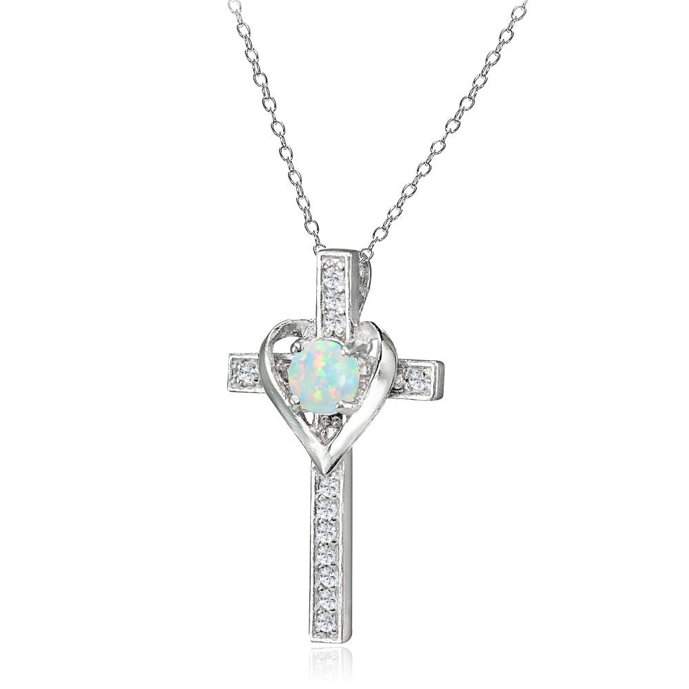 Sterling Silver Simulated White Opal and White Topaz Heart Cross Birthstone Pend