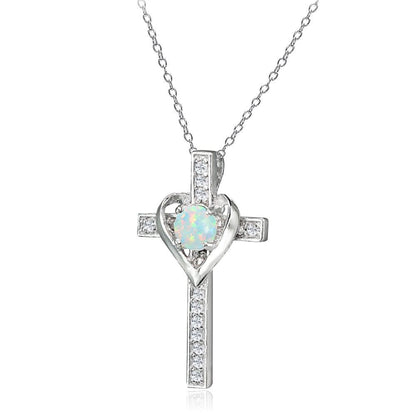 Sterling Silver Simulated White Opal and White Topaz Heart Cross Birthstone Pend