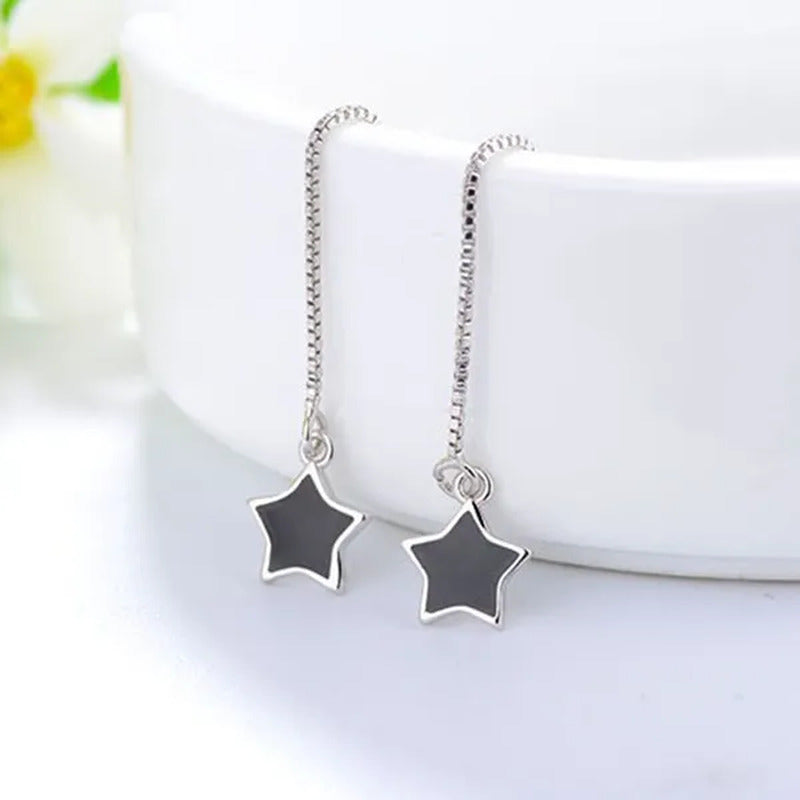 Women Fashion Black Star Ear Line Style Long Tassel Ear Stud Earrings
