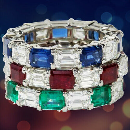 Emerald Sapphire Ruby and Diamond Emerald Cut Eternity Bands