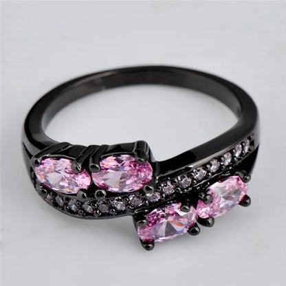 Princess Oval Pink Sapphire Black Gold Double Ring Luxurious Jewelry for Mulher